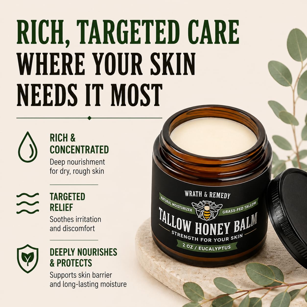 Organic Beef Tallow for Skin - 2OZ (Eucalyptus, Concentrated) — US-Made Grass Fed Tallow and Honey Balm Moisturizer for Face, Hands & Body — Intensive Care for Dry Sensitive Skin, Eczema(No Additives)
