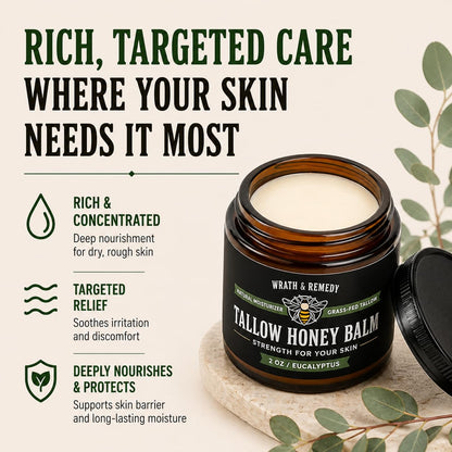 Organic Beef Tallow for Skin - 2OZ (Eucalyptus, Concentrated) — US-Made Grass Fed Tallow and Honey Balm Moisturizer for Face, Hands & Body — Intensive Care for Dry Sensitive Skin, Eczema(No Additives)
