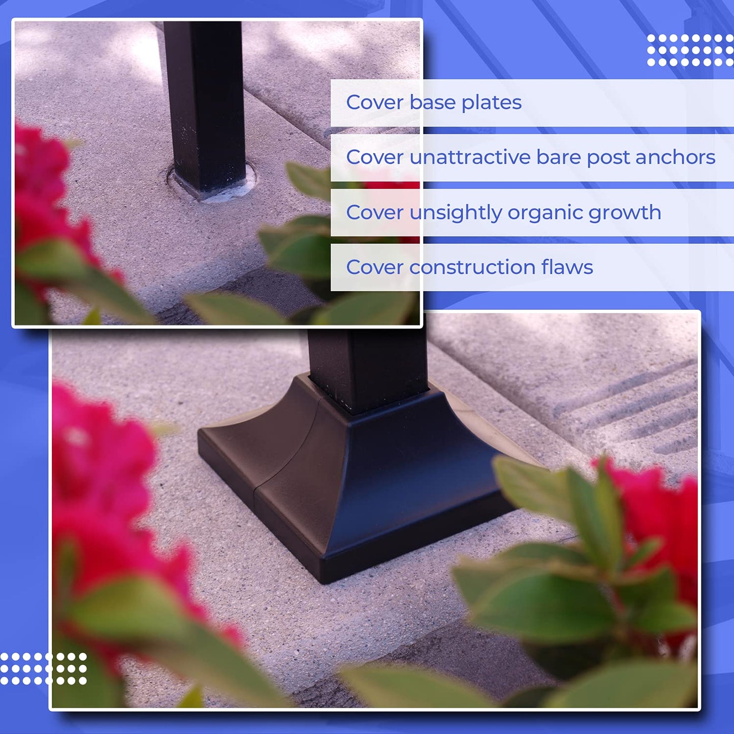 Simshoe Deck Post Base Cover – Durable, Snap-Together Shoe Base Instantly Transforms Hand & Stair Rail Feet – Porch, Stair & Deck Base Brackets Covers – UV-Resistant ABS Plastic (Black)
