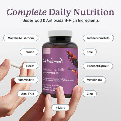 Dr. Fuhrman 2 Month Supply Multivitamin for Women + D3 Vitamin for Immune Support | Vegan Formula Womens Multivitamin with B12 & Zinc | Whole Food multivitamin with 17 Fruits & Veggies | Non GMO