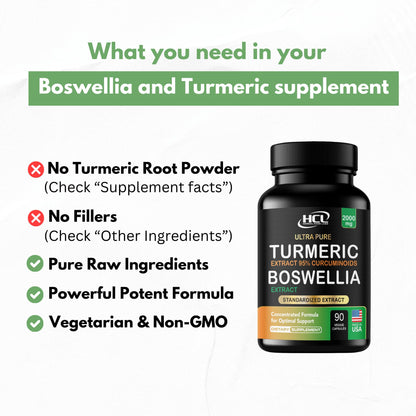 Turmeric Boswellia Extract Supplement 2000 mg – Extra Strength Boswellia Serrata with Turmeric Curcumin - 95% Curcuminoids with Boswellia Extract Capsules - Standardized High Potency - Made in USA