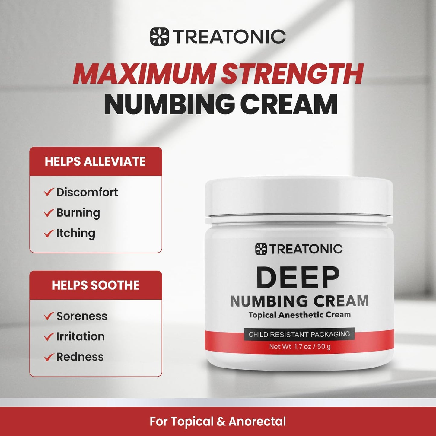 Treatonic Maximum Strength Numbing Cream: Numbing Cream for Discomfort, Burn, Itch & Pain Relief- Fast-Acting, Soothing Topical Anesthetic with Menthol & Emu Oil - 1.7oz / 2 Pack