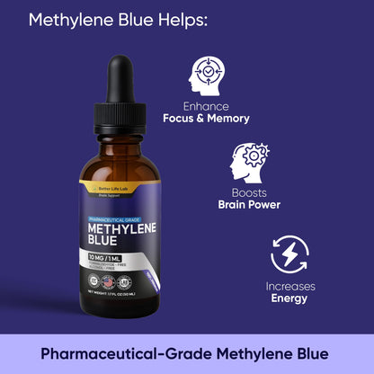 BETTER LIFE LAB Methylene Blue Pharmaceutical Grade 99.99% with Dropper, USP Grade Quality Drops, No Formaldehyde, Made in USA (1% 50ml Bottle)