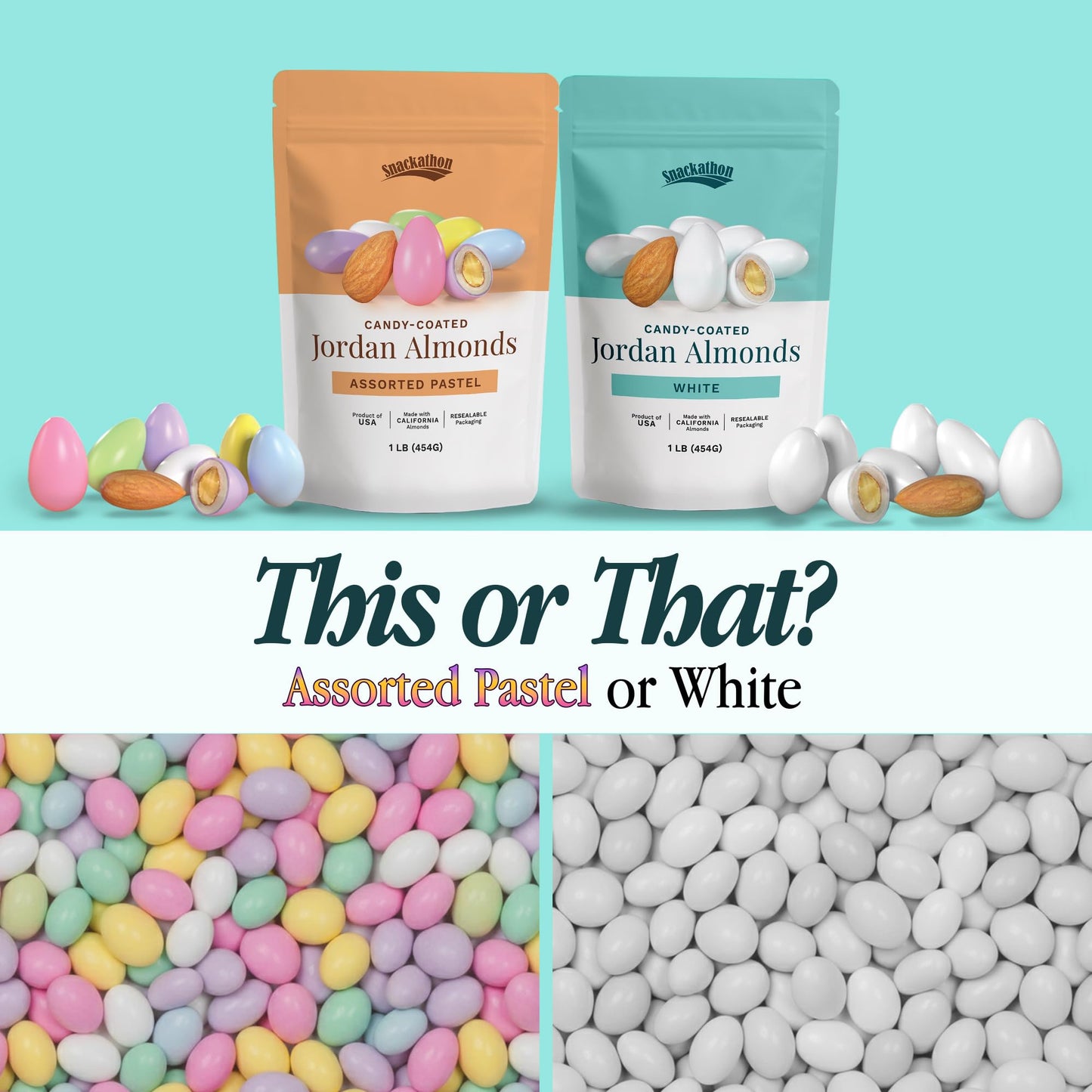 Snackathon Jordan Almonds, White Candy-Coated Almonds, 1 LB Resealable Bag, Made in USA, Bulk Italian Confetti Wedding Favors, Baby & Bridal Showers, Party Buffets, Events & Holidays