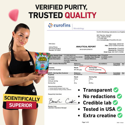 WILD GAINZ Creatine Monohydrate Gummies for Men & Women 5000mg - Sugar-Free Strawberry Flavor, Vegan, Non-GMO, Gluten-Free. Supports Muscle Growth, Strength & Focus. Made in USA - 120 Chews