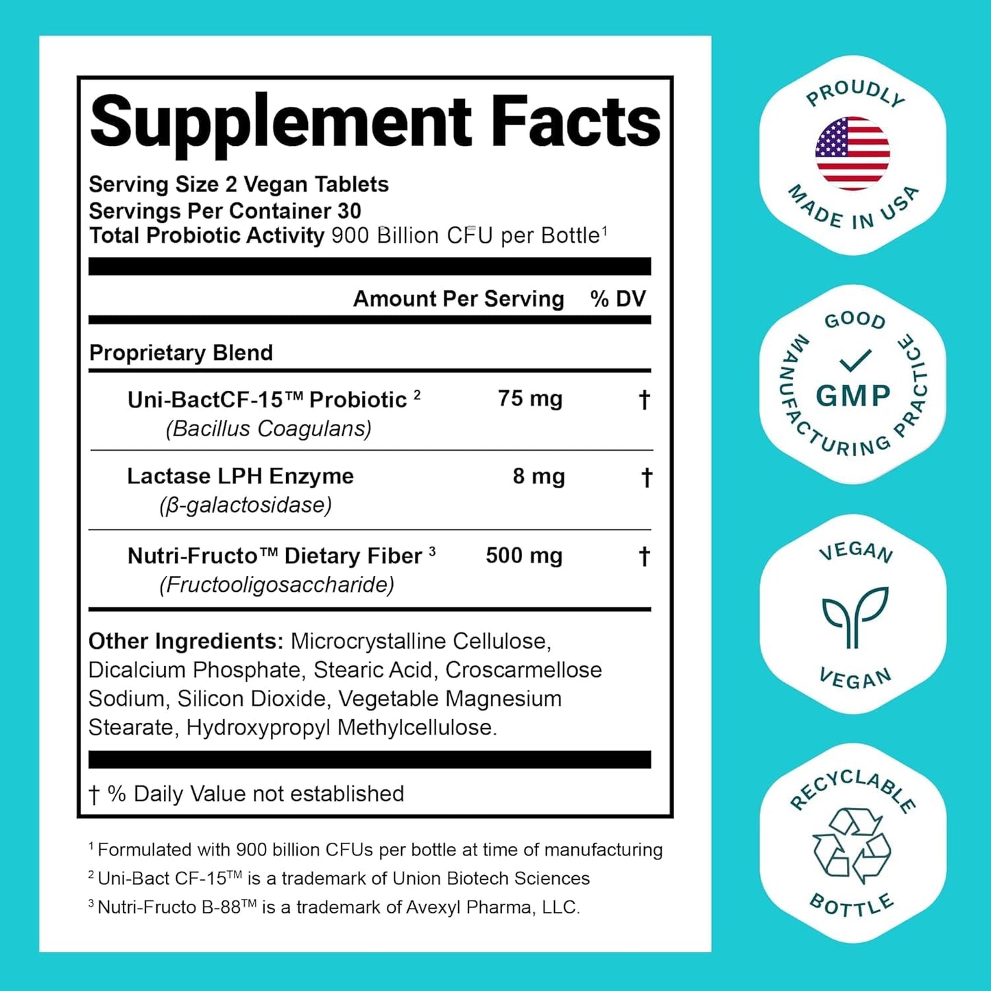 Probiotics for Women and Men - with Lactase Enzyme and Prebiotic Fiber for Digestive Health - 80%+ More Potent Supplement for Gut Health Support - Vegan Raw Probiotic Formula, Made in The USA