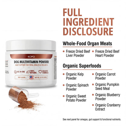 Kopo Dog Multivitamin Powder | Supports Heart, Daily Vitality, Immune Health, Digestion, Skin & Coat and Hip & Joint | For Puppy, Adult & Senior Dogs | Beef Liver Flavor | All Breeds Sizes | 99 Scoops