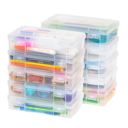 IRIS USA Plastic Pencil Case Box Craft Hobby Art School Supply Storage Organizer Container with Latching Lid, 10-Pack, for Bead Pens Ribbons Wahi Tape Sticker Yarn Ornaments, Stackable, Clear, Medium