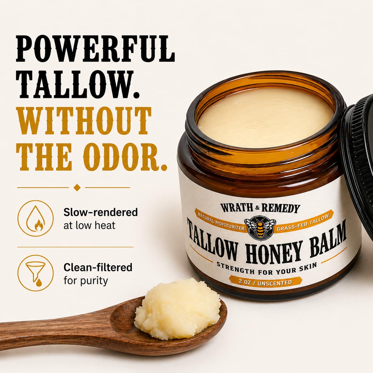 Organic Beef Tallow for Skin - 2OZ (Unscented, Concentrated) — US-Made Grass Fed Tallow and Honey Balm Moisturizer for Face, Hands & Body — Intensive Care for Dry Sensitive Skin, Eczema (No Additives)