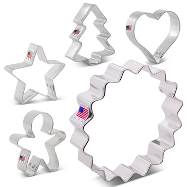 Ann Clark Christmas Linzer Cookie Cutters - 5-Pc. Set Made in USA, Fluted Circle, Mini Heart, Mini Christmas Tree, Star, Gingerbread Man