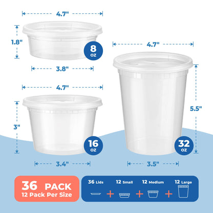 Fit Meal Prep 36 Pack 8 16 32 oz Deli Containers with Lids Variety Pack, US Made Leakproof Assorted Plastic Soup Container, Combo Clear Food Storage Containers for Restaurant, Microwave Freezer Safe