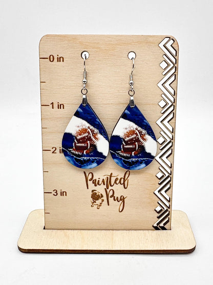 Football Dangle Earrings Blue & White Teardrop MDF Wood Sports School Team Spirit Fan Jewelry Gift for Women Handmade by The Painted Pug (Blue White Silver)