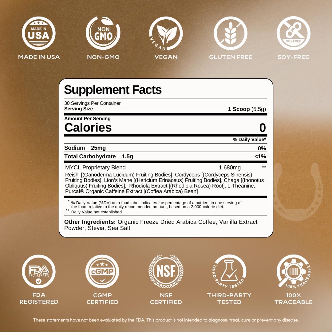 MYCL Organic Mushroom Coffee - Instant Coffee - 1,680mg Fruiting Body - Reishi, Lion’s Mane, Cordyceps, Chaga & L-Theanine - Focus, Energy & Immunity - Vegan, Gluten-Free - Dark Roast, 30 Servings