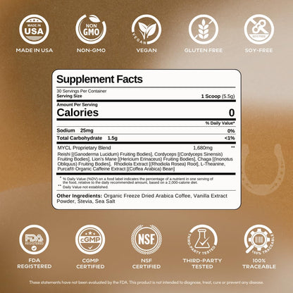 MYCL Organic Mushroom Coffee - Instant Coffee - 1,680mg Fruiting Body - Reishi, Lion’s Mane, Cordyceps, Chaga & L-Theanine - Focus, Energy & Immunity - Vegan, Gluten-Free - Dark Roast, 30 Servings