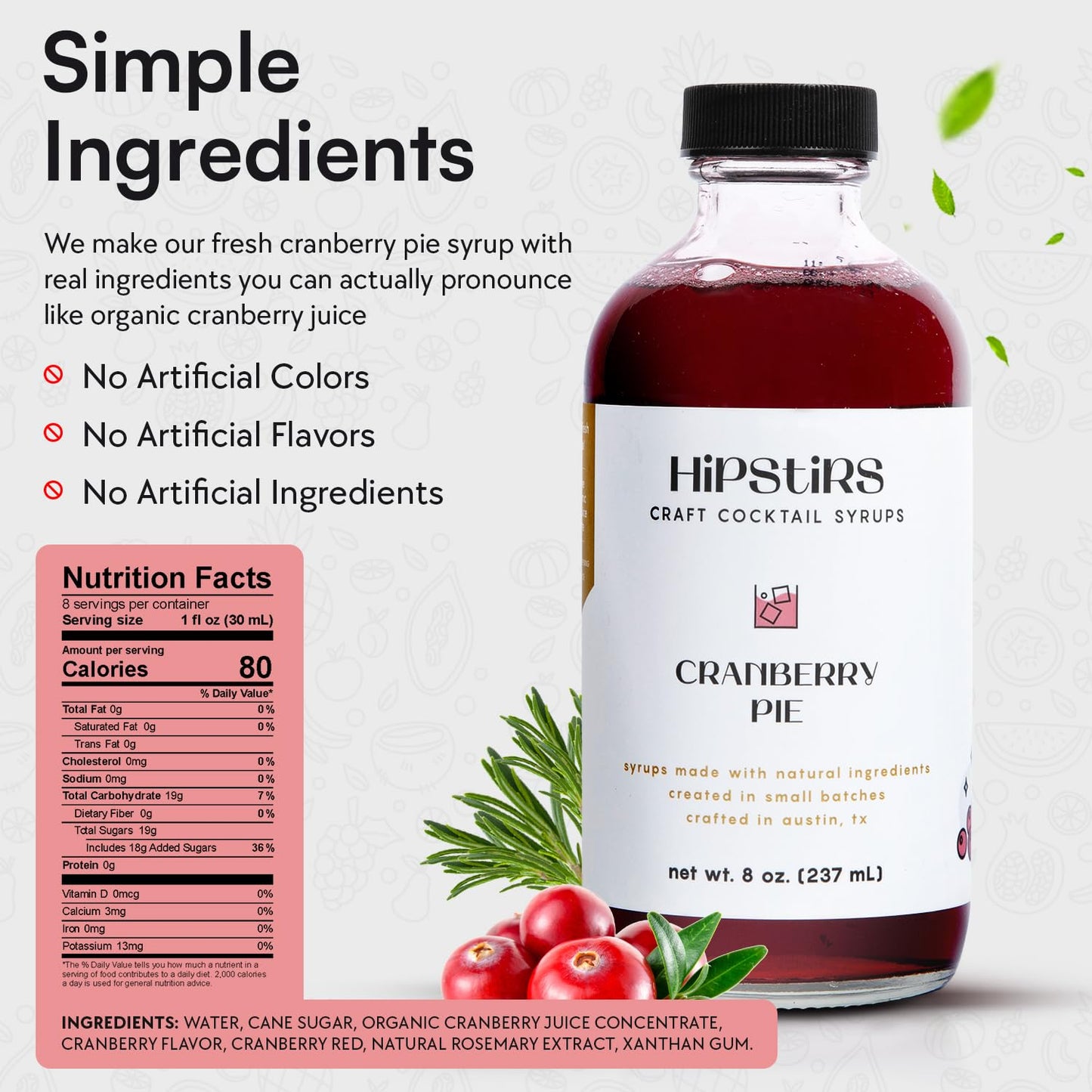 HipStirs Cranberry Syrup for Drinks - Our Cranberry Pie Syrup Uses Real Ingredients to make it the Perfect Winter Drink Mixer (8 Fl Oz)