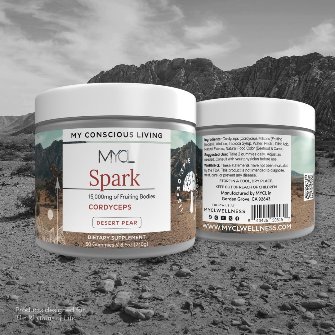 Spark Cordyceps Mushroom Gummies | 500mg Cordyceps Fruiting Bodies | Clean Energy and Endurance Support | Vegan, Gluten-Free | Desert Pear Flavor | 60 Gummies