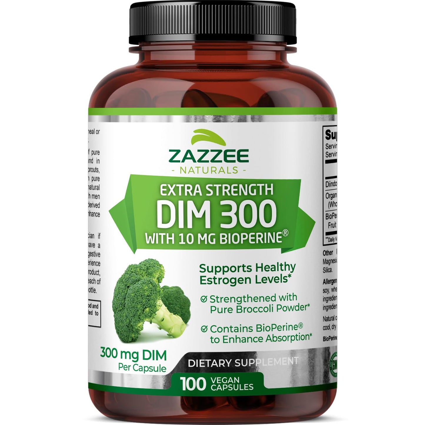 Zazzee DIM 300 mg Per Capsule, 100 Count, Plus 10 mg BioPerine, Estrogen Balance, Hormonal Acne, Menopause Support, Hormonal Balance, Diindolylmethane, Vegan, All-Natural, Non-GMO, Made in The USA