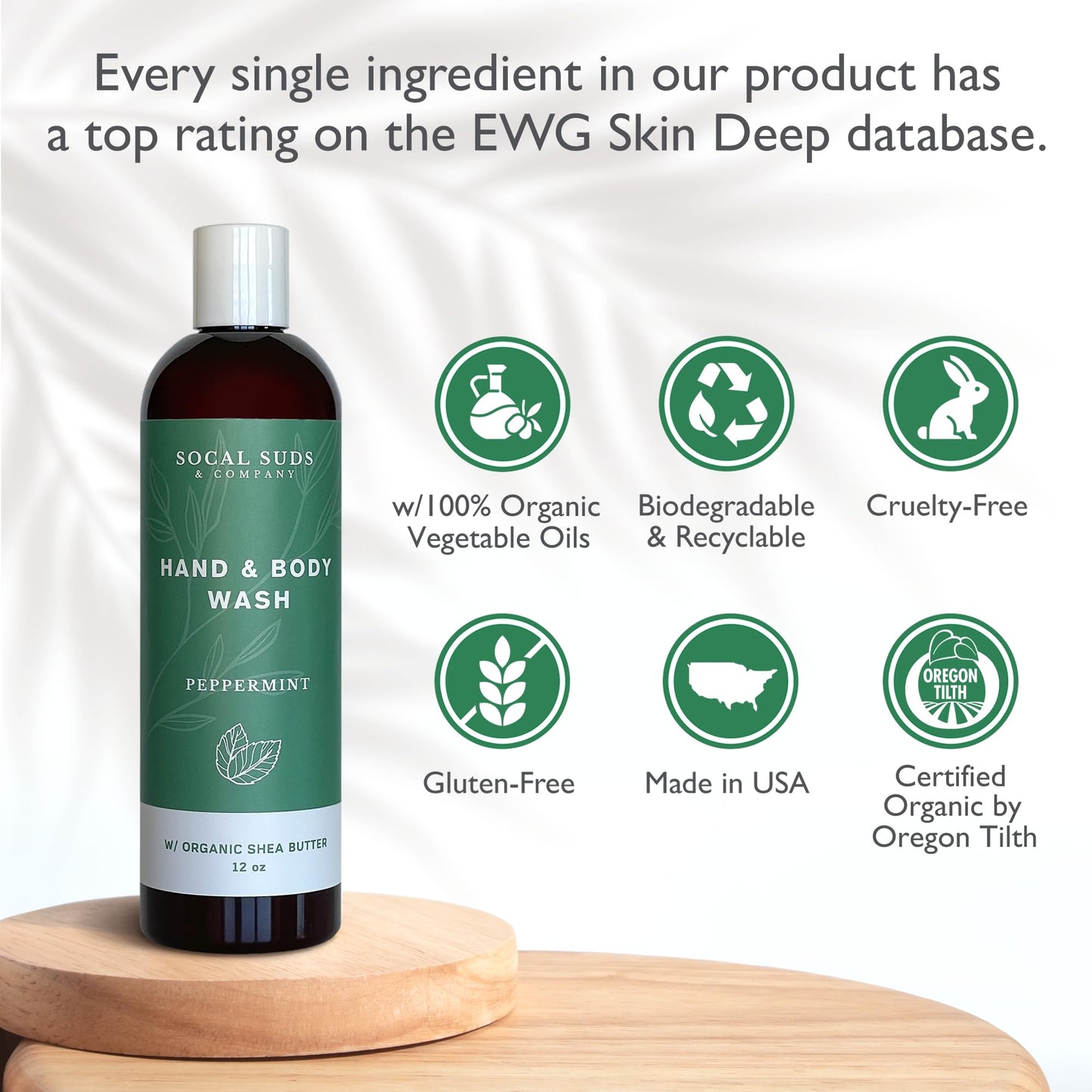 SoCal Suds & Company Hand & Body Wash Organic Shea Butter - Peppermint Scent - Liquid Soap - Daily Body Wash for Men and Women - Moisturizing Ingredients - Gentle Shower Gel - Non-Drying - 12oz