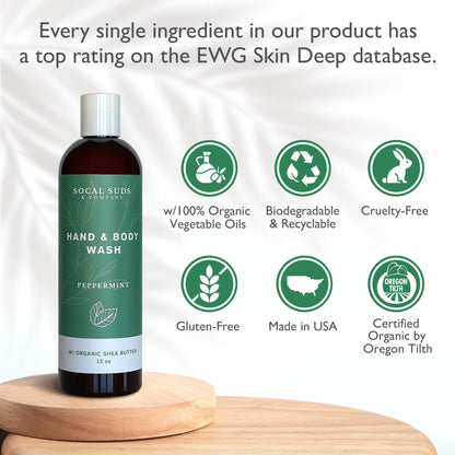 SoCal Suds & Company Hand & Body Wash Organic Shea Butter - Peppermint Scent - Liquid Soap - Daily Body Wash for Men and Women - Moisturizing Ingredients - Gentle Shower Gel - Non-Drying - 12oz