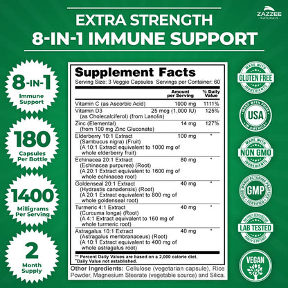 Zazzee Extra Strength 8-in-1 Immune Support, 1400 mg per Capsule, 180 Vegan Capsules, 1000 mg Vitamin C, 1000 IU D3, Zinc, Elderberry, Echinacea, Goldenseal, Turmeric, Astragalus, Made in The USA