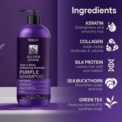 VANIDOX Brass Toning Purple Shampoo for Grey and Silver Hair, Infused with Purple Pigment, Sulfate Free Shampoo for Gray and Silver Hair (16 fl oz)
