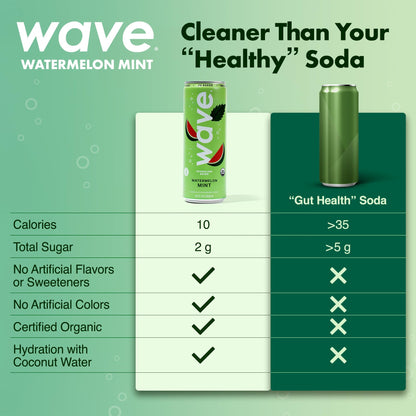 WAVE Organic Sparkling Drink | Low Calorie Drink, Watermelon Mint Lightly Carbonated | Great Natural Soda Alternative | USA Made Kosher No Added Sugar, Color, & Artificial Ingredients |12 Pack
