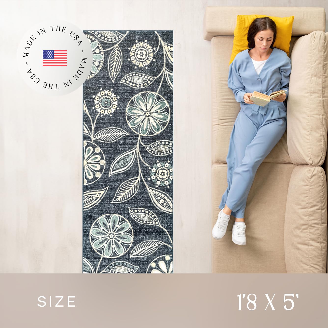 Maples Rugs Reggie Floral Runner Rug - Made in USA - Washable, Non Slip Indoor Carpet for Kitchen, Hallway, and Laundry Room, 1'8 x 5, Persian Blue