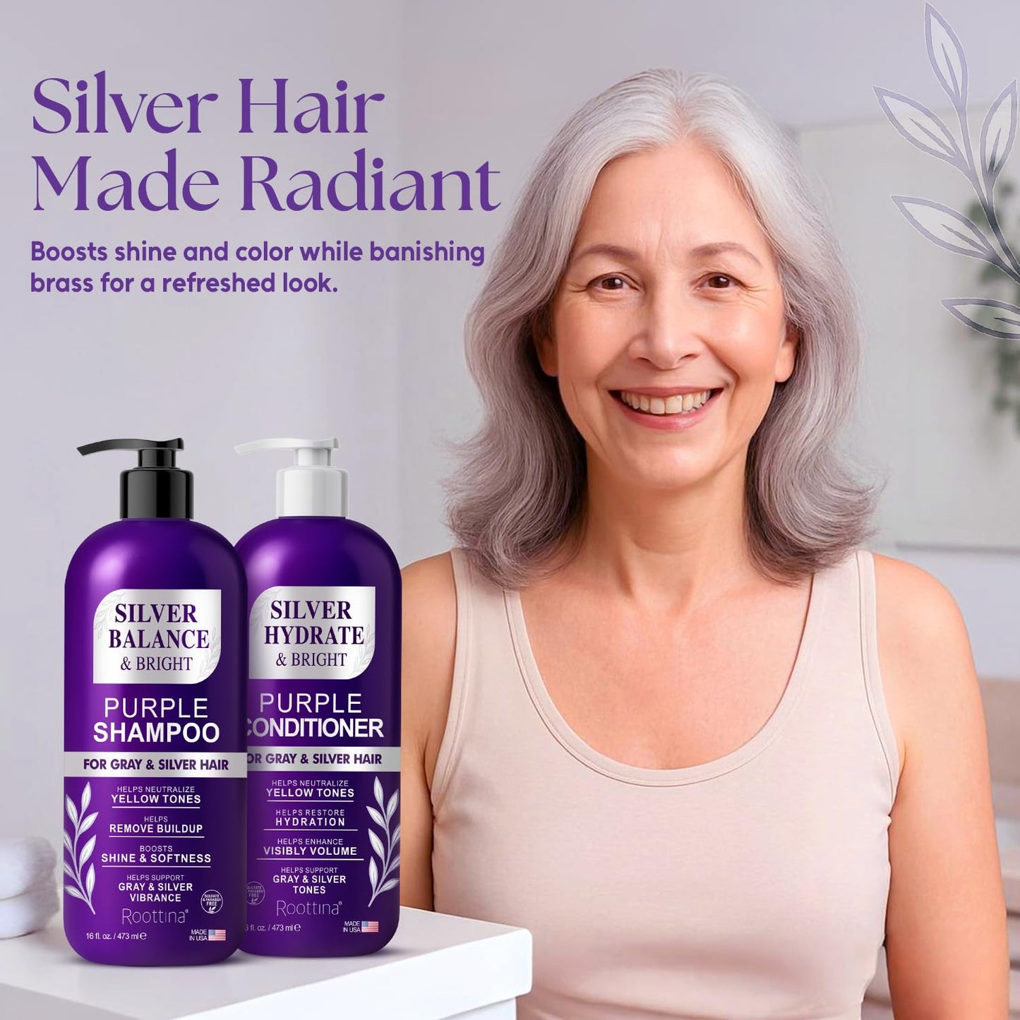ROOTTINA Purple Shampoo and Conditioner Set for Grey Hair – Silver & White, Balance & Bright, Brass Neutralizing, High Hydration Without Drying Out, Sulfate-Free, Made in USA, 16 fl oz Each