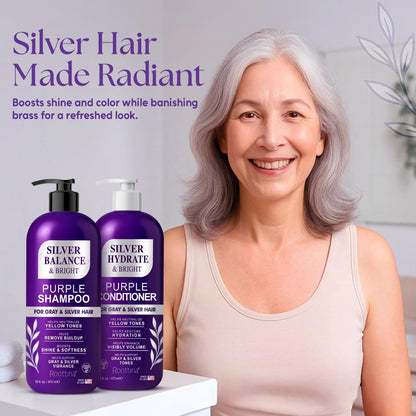 ROOTTINA Purple Shampoo and Conditioner Set for Grey Hair – Silver & White, Balance & Bright, Brass Neutralizing, High Hydration Without Drying Out, Sulfate-Free, Made in USA, 16 fl oz Each