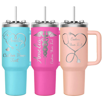 Made in USA - Personalized Tumbler 40oz with Handle and Straw - Custom Stainless Steel Travel Coffee Cup with Engraved Name Text - Personalized Gifts for Nurses Doctor - Nurse Gifts