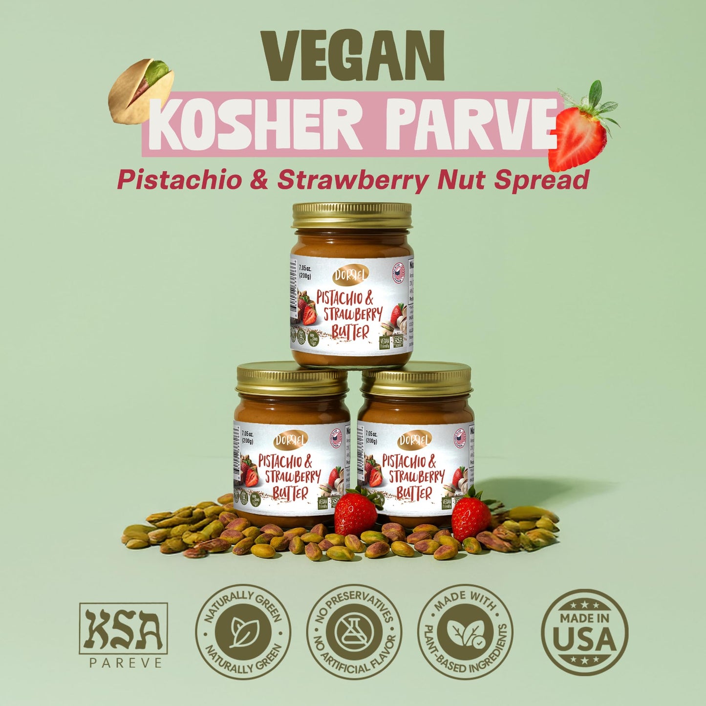 DORREL Pistachio & Strawberry Butter | Dairy-Free Vegan Spread | Made with 60% California Pistachios | Non-GMO | Kosher Pareve | Healthy Snack & Baking Spread (200g / 7.05oz)