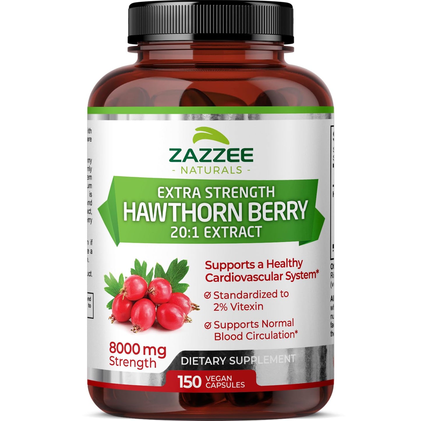 Zazzee Extra Strength Hawthorn Berry 20:1 Extract, 8000 mg Strength, 2% Vitexin, 150 Vegan Capsules, 5 Month Supply, Concentrated and Standardized Potent 20X Extract, Non-GMO and All-Natural