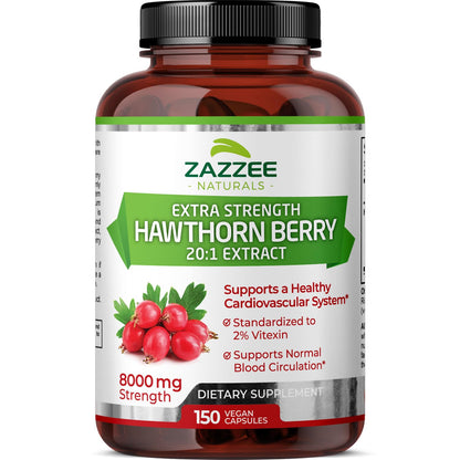 Zazzee Extra Strength Hawthorn Berry 20:1 Extract, 8000 mg Strength, 2% Vitexin, 150 Vegan Capsules, 5 Month Supply, Concentrated and Standardized Potent 20X Extract, Non-GMO and All-Natural