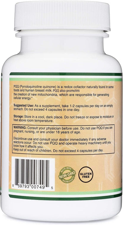 PQQ Supplement - 20mg, 60 Capsules (Pyrroloquinoline Quinone) Promotes Mitochondria ATP Coenzyme Levels, Energy Optimizer and Sleep Support (Non-GMO, Gluten Free, Vegan Safe) by Double Wood