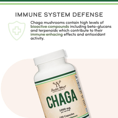 Chaga Mushrooms Capsules 120 Count (1,000mg Chaga Mushrooms Powder per Serving) High in Polysaccharides, Beta Glucans, and Terpenoids - Grown and Made in The USA, Vegan Safe, Organic by Double Wood