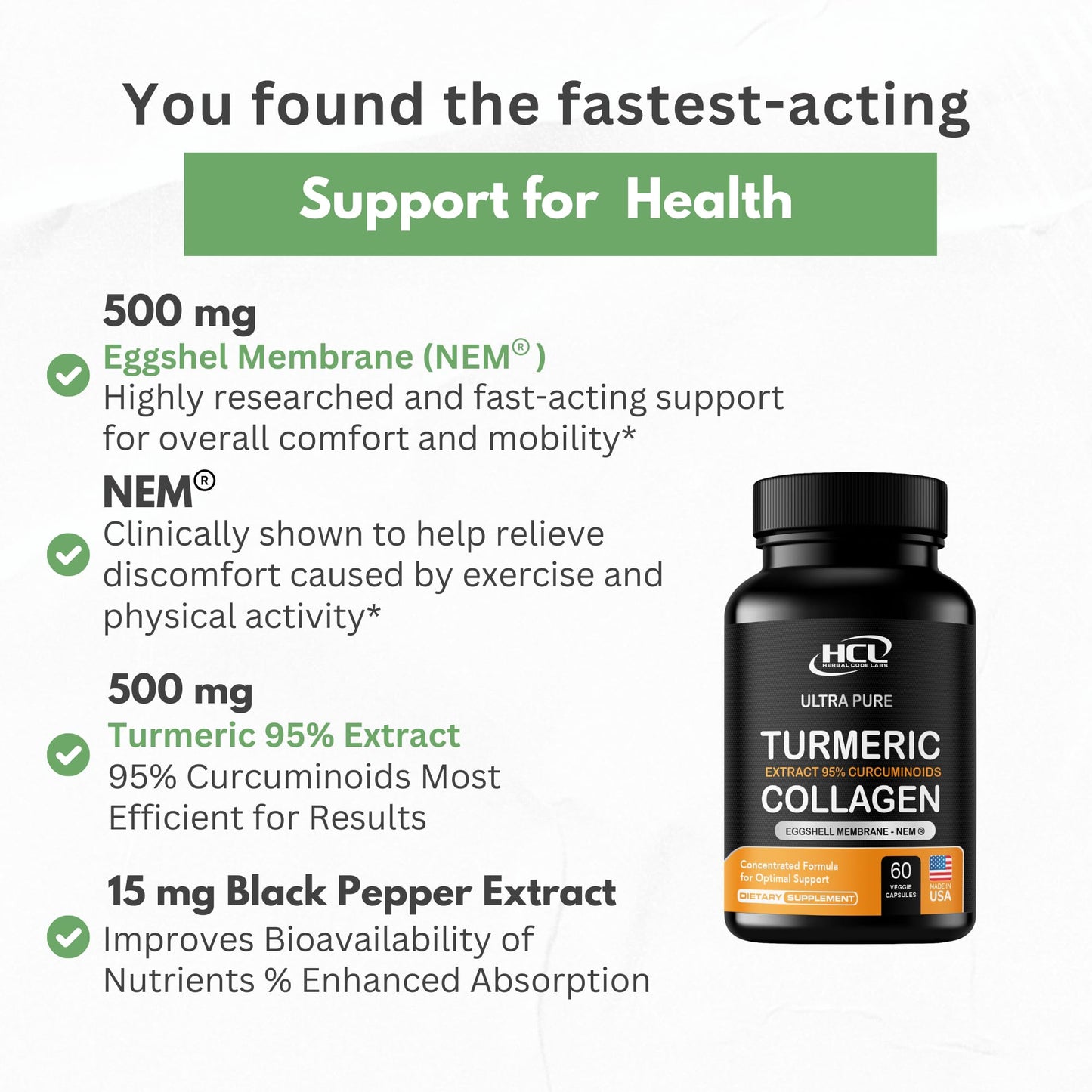 Turmeric Curcumin 95% Extract & Collagen Capsules - NEM Promotes Knee Comfort & Flexibility - Eggshell Membrane w Naturally Occurring Glucosamine Chondroitin Hyaluronic Acid- Made in USA
