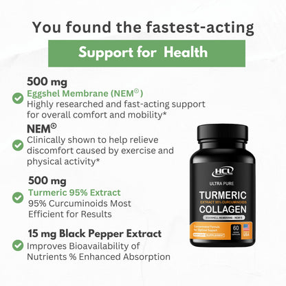 Turmeric Curcumin 95% Extract & Collagen Capsules - NEM Promotes Knee Comfort & Flexibility - Eggshell Membrane w Naturally Occurring Glucosamine Chondroitin Hyaluronic Acid- Made in USA