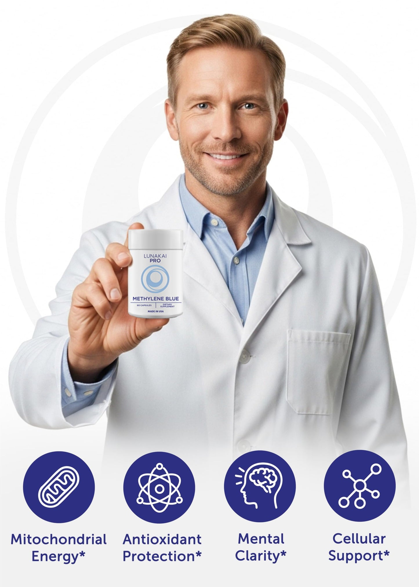 Lunakai PRO USA Made Methylene Blue Capsules Pharmaceutical Grade with Vitamin C, B6, B12 – 3rd-Party Tested Daily Brain & Focus Support Supplement for Humans, 60ct