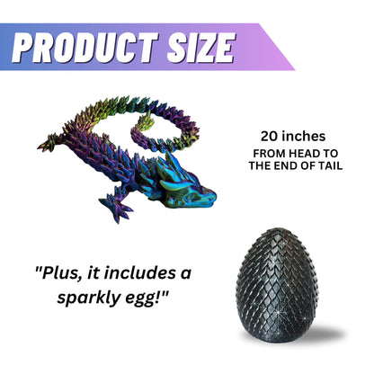 Amerimaker 20" Articulated 3 Dimensional Printed Dragon – Color-Changing Fidget Figurine, Flexible Desktop Toy, Mythical Dragon Figure, Made in USA, 3D Printed Toys (Rainbow with Black Egg)