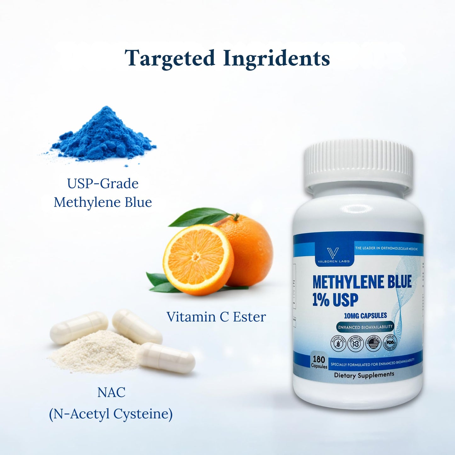 Methylene Blue Capsules 10mg - Pharmaceutical Grade Supplement - Trusted Made in America Brand - (USP Reference Compliant) with Vitamin C Ester Enhanced Absorption - Third Party Tested - 180 Pills