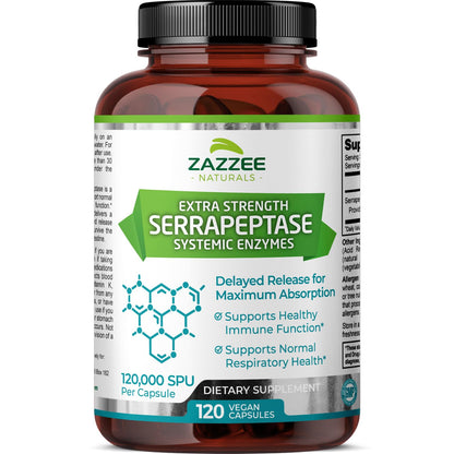 Zazzee Delayed Release Serrapeptase, 120,000 SPU per Capsule, 120 Vegan Capsules, 4 Month Supply, Extra Strength, Potent and Concentrated Systemic Enzymes, 100% Vegetarian, All-Natural and Non-GMO