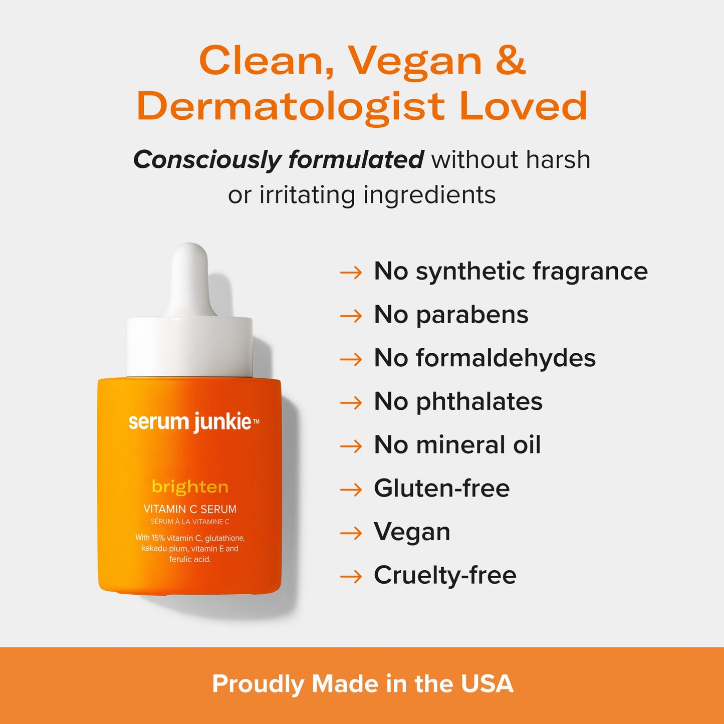 serum junkie BRIGHTEN 15% Stabilized Vitamin C Serum with Glutathione, Ferulic Acid, Hexylresorcinol, Kakadu Plum, Vitamin E, Brightening, Glowing Skin, Anti-Aging 1 fl oz