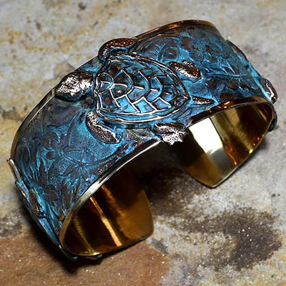 Verdigris Patina Solid Brass Classic Sea Turtle Cuff Bracelet by Elaine Coyne Made In USA