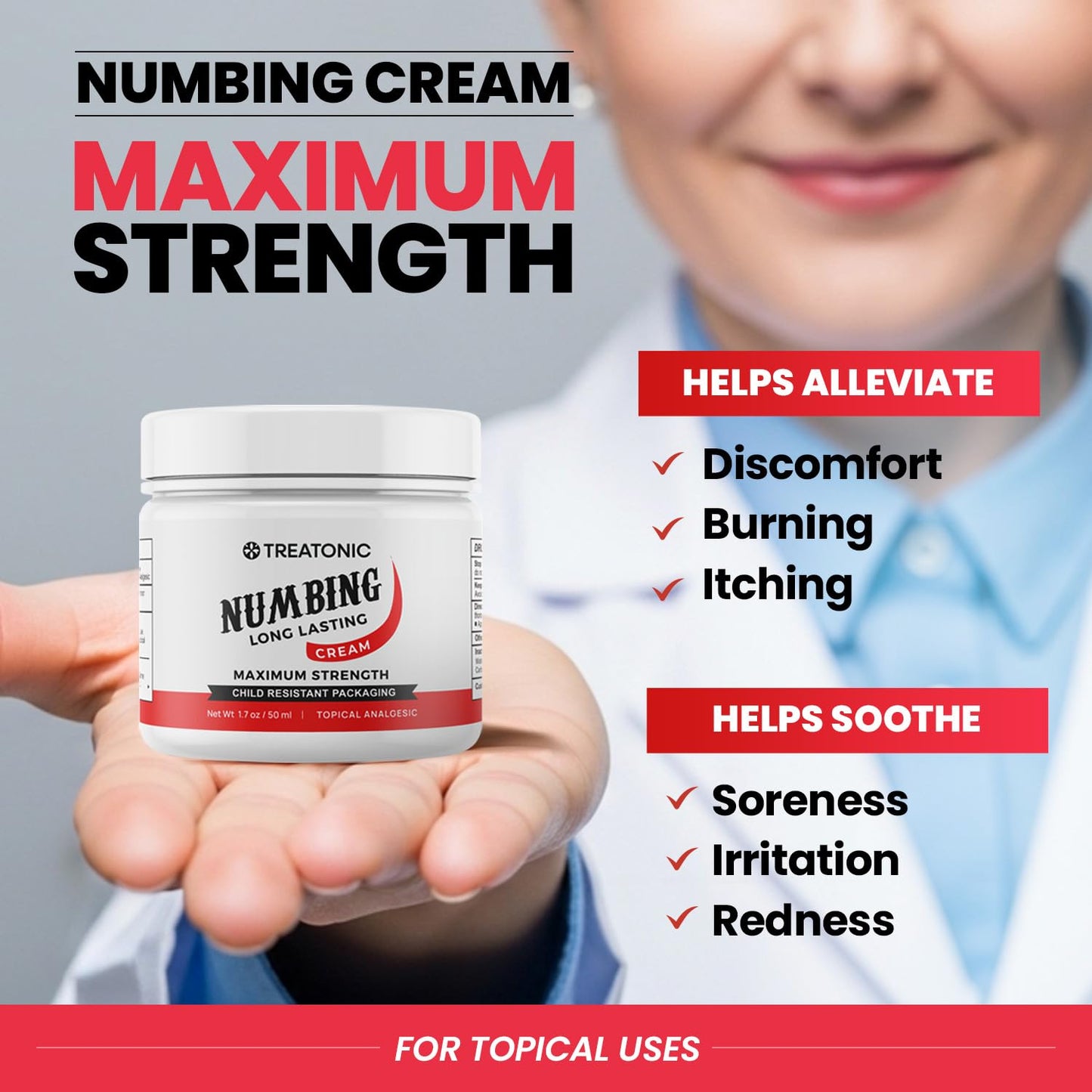 Treatonic Numbing Cream: Maximum Strength Numbing Cream for Discomfort, Burning, & Itching - Fast Acting Topical Anesthetic with Lidocaine & Emu Oil - 1.7oz / 2 Pack