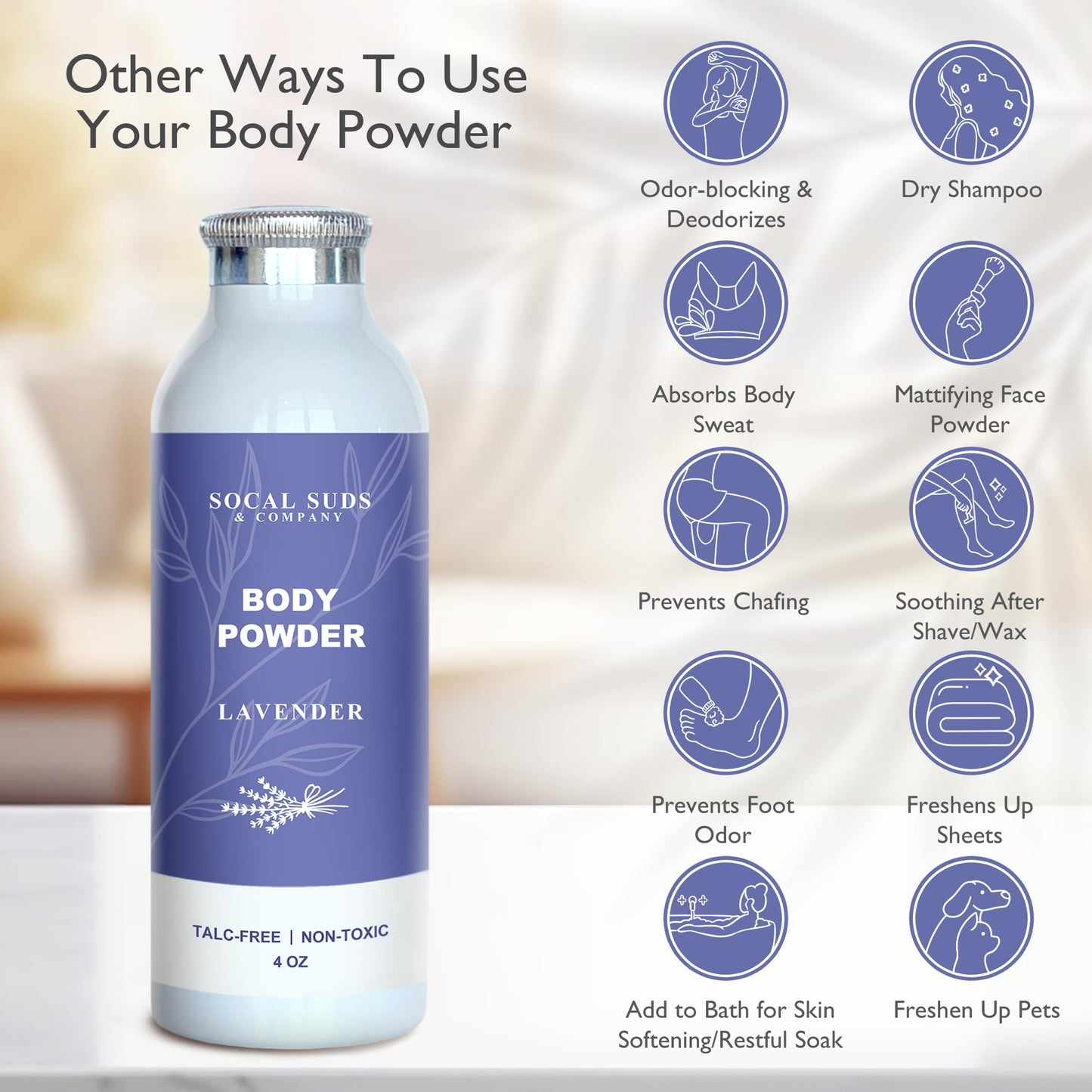 SoCal Suds & Company - Natural Body Powder Talc-Free with Arrowroot Powder, Kaolin, Aspen Bark Extract for Soft Soothing Delicate Skin - Lavender 4oz, 1-Pack