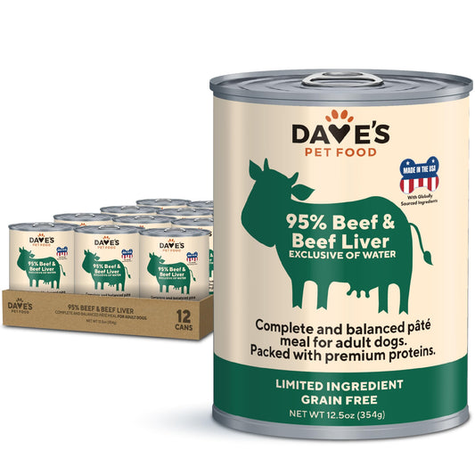 Dave's Pet Food Grain Free Wet Dog Food (95% Beef & Beef Liver), Made in USA Single-Source Protein, Limited Ingredients Added Vitamins & Minerals, 12.5 oz Cans (12 Pack)