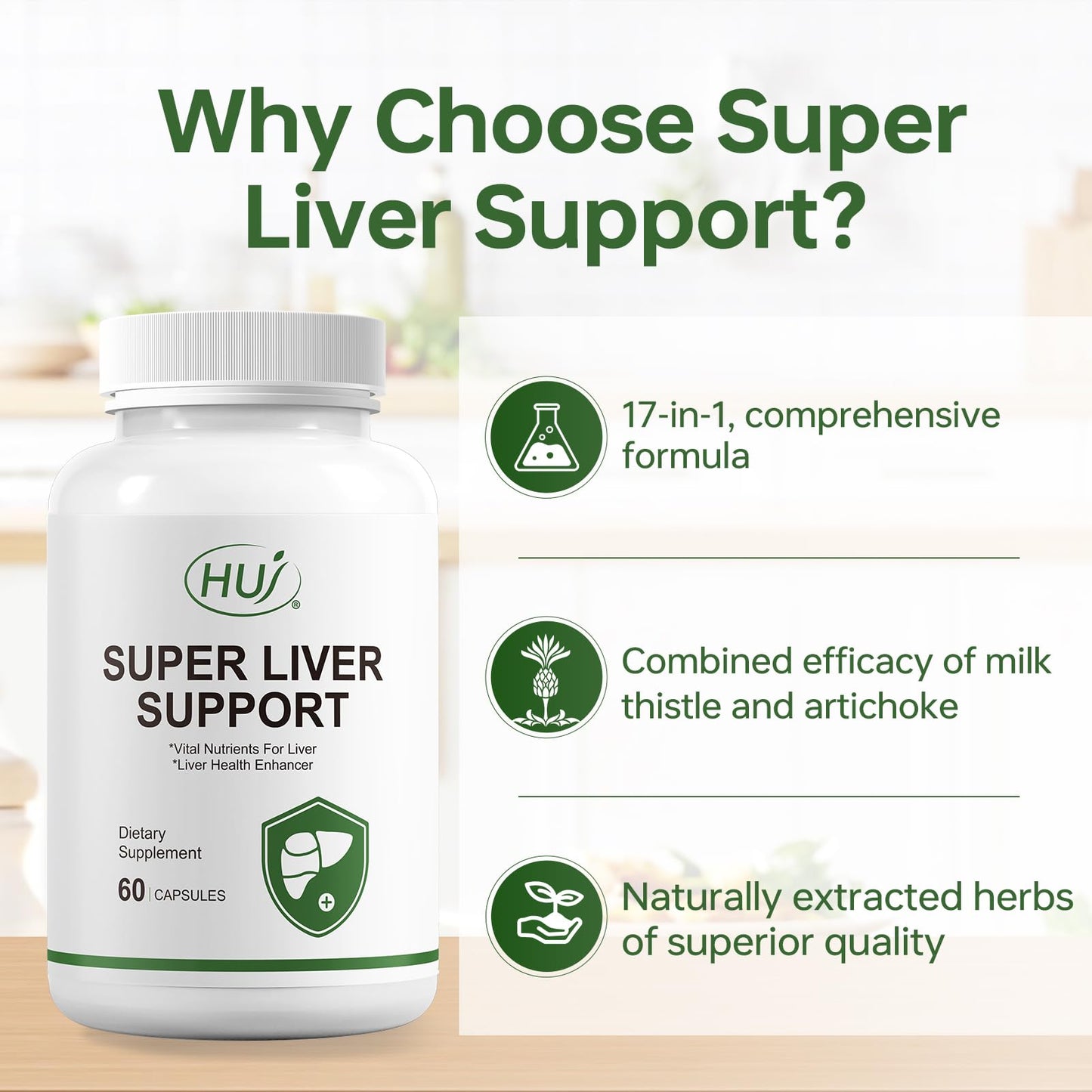 HUJ Super Liver Support -17 in 1 Supplement with Milk Thistle, Artichoke, Turmeric & Dandelion Root - Supports Liver Detoxification & Health - 60 Capsules