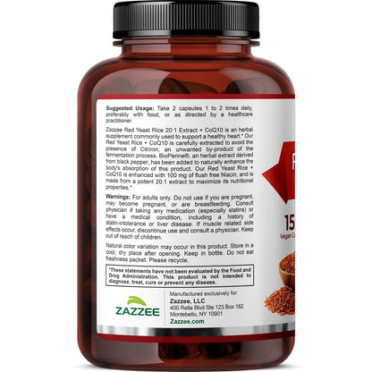 Extra Strength Red Yeast Rice with CoQ10 - 20X Concentrated 1200mg Red Yeast Rice Supplement with Niacin CoQ 10 and BioPerine for Enhanced Absorption - Non-GMO Vegan & ISO Lab Tested (75 Servings)