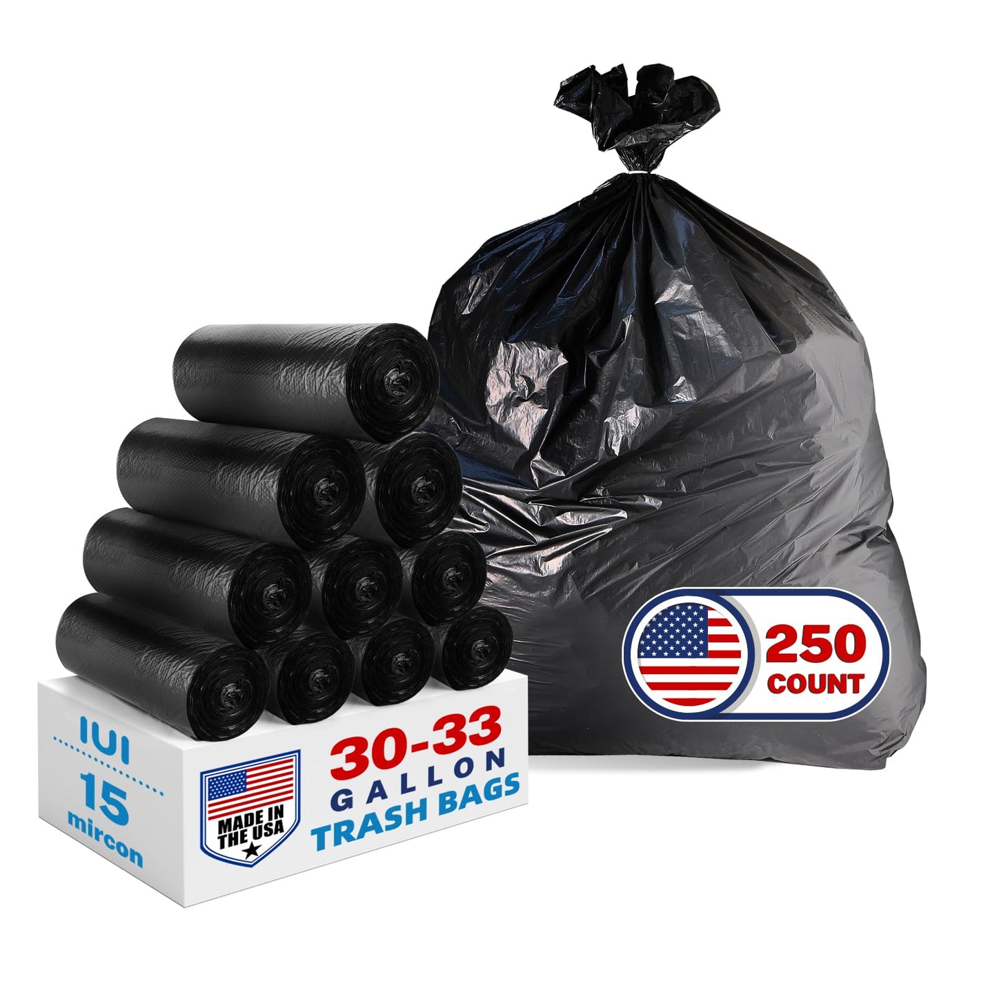 Trash Bags 30-33 Gallon, Black - Medium Duty 250 Count Bulk Pack | 32" x 38" | Durable & Tear-Resistant Garbage Bags for Home, Commercial, Construction & Outdoor Use | Made in USA
