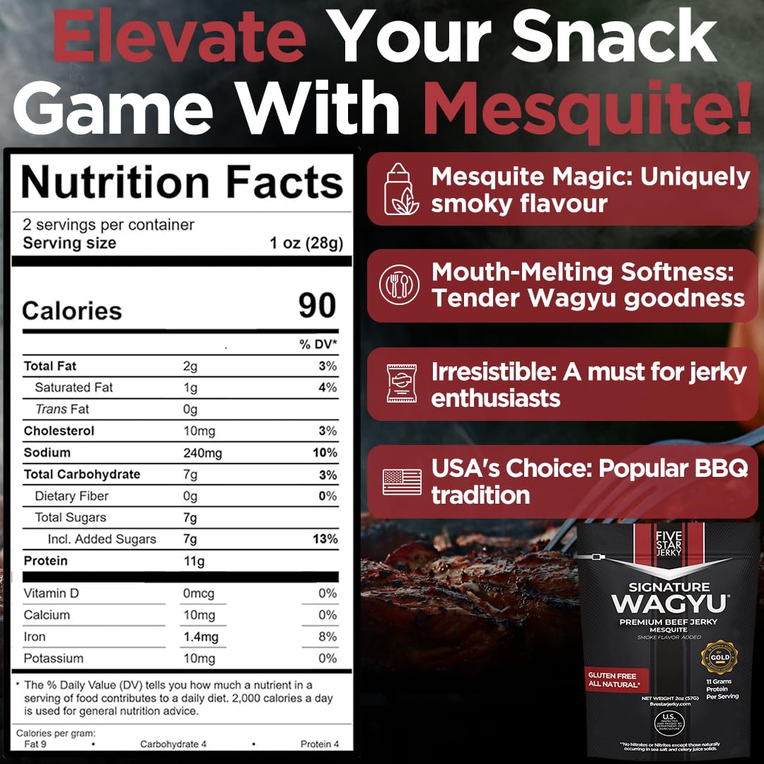 Five Star Wagyu Mesquite Beef Jerky, Soft & Mouth Melting Tender Jerky, Award-Winning Premium Beef Jerky, No Artificial Ingredients, Premium Gift Snack, Nitrate/Nitrite-Free, Gluten-Free, Wagyu Beef Snacks (2 Pack of 2oz-Total 4oz) Gourmet Beef Jerky